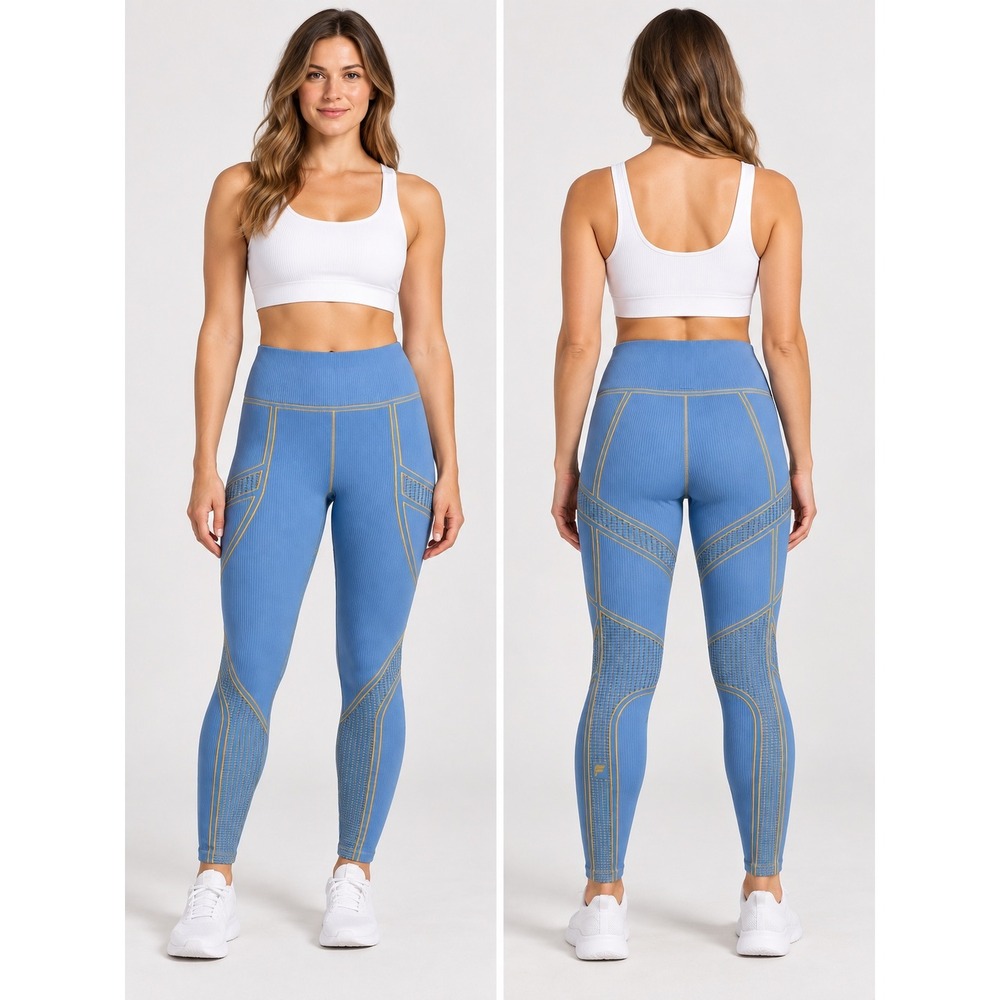 Fabletics Womens Blue Ribbed High Waisted Leggings Yellow Trim Size L LG2356776
